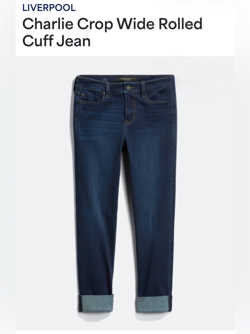 Liverpool Dark Blue Charlie Crop Wide Rolled Cuff Jeans. Sz 8